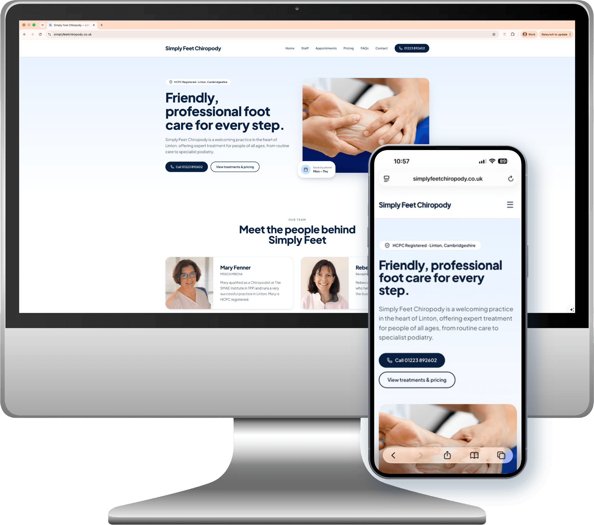 The Simply Feet Chiropody website shown on a desktop monitor and a mobile phone
