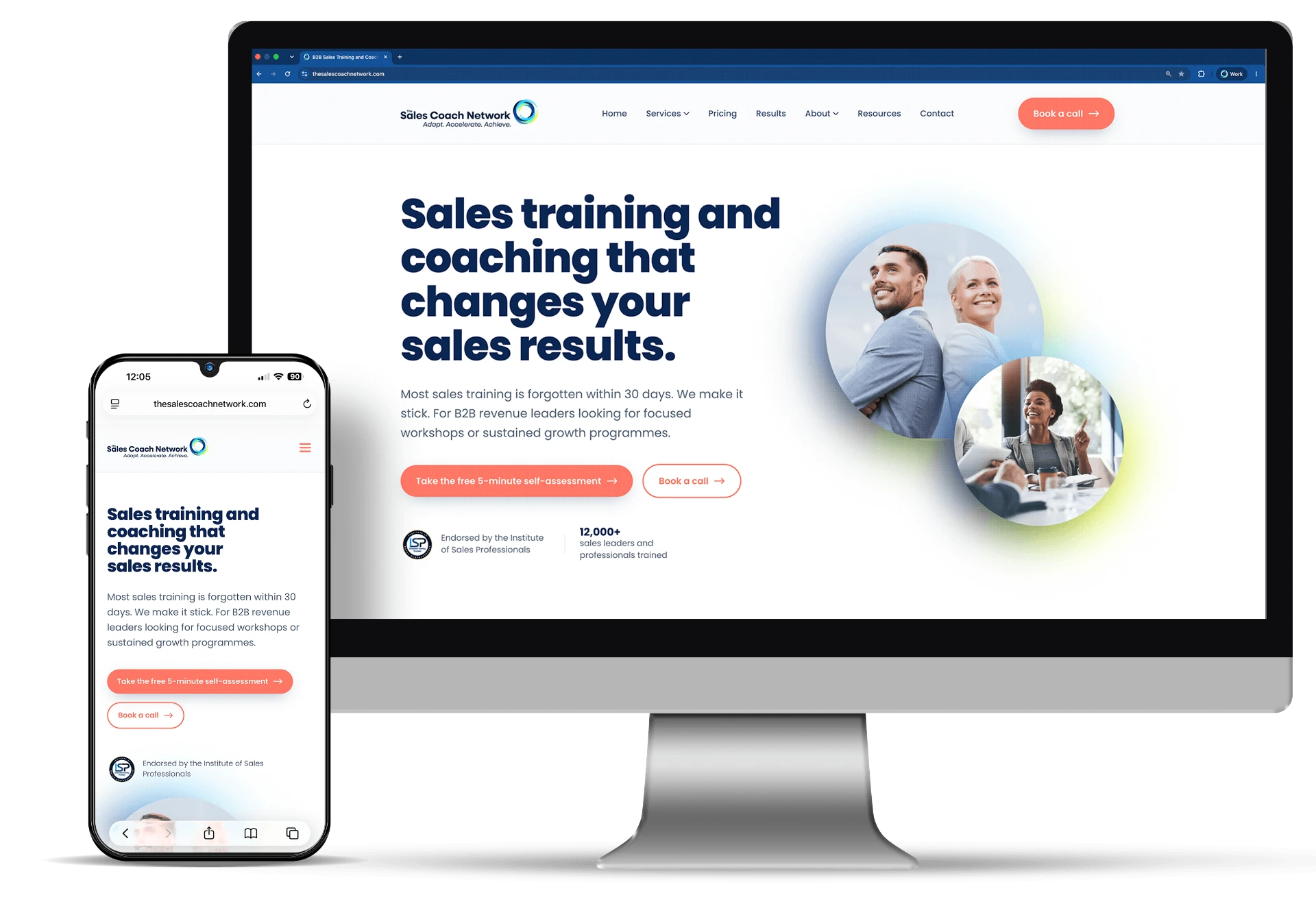 The Sales Coach Network website shown on a desktop monitor and a mobile phone