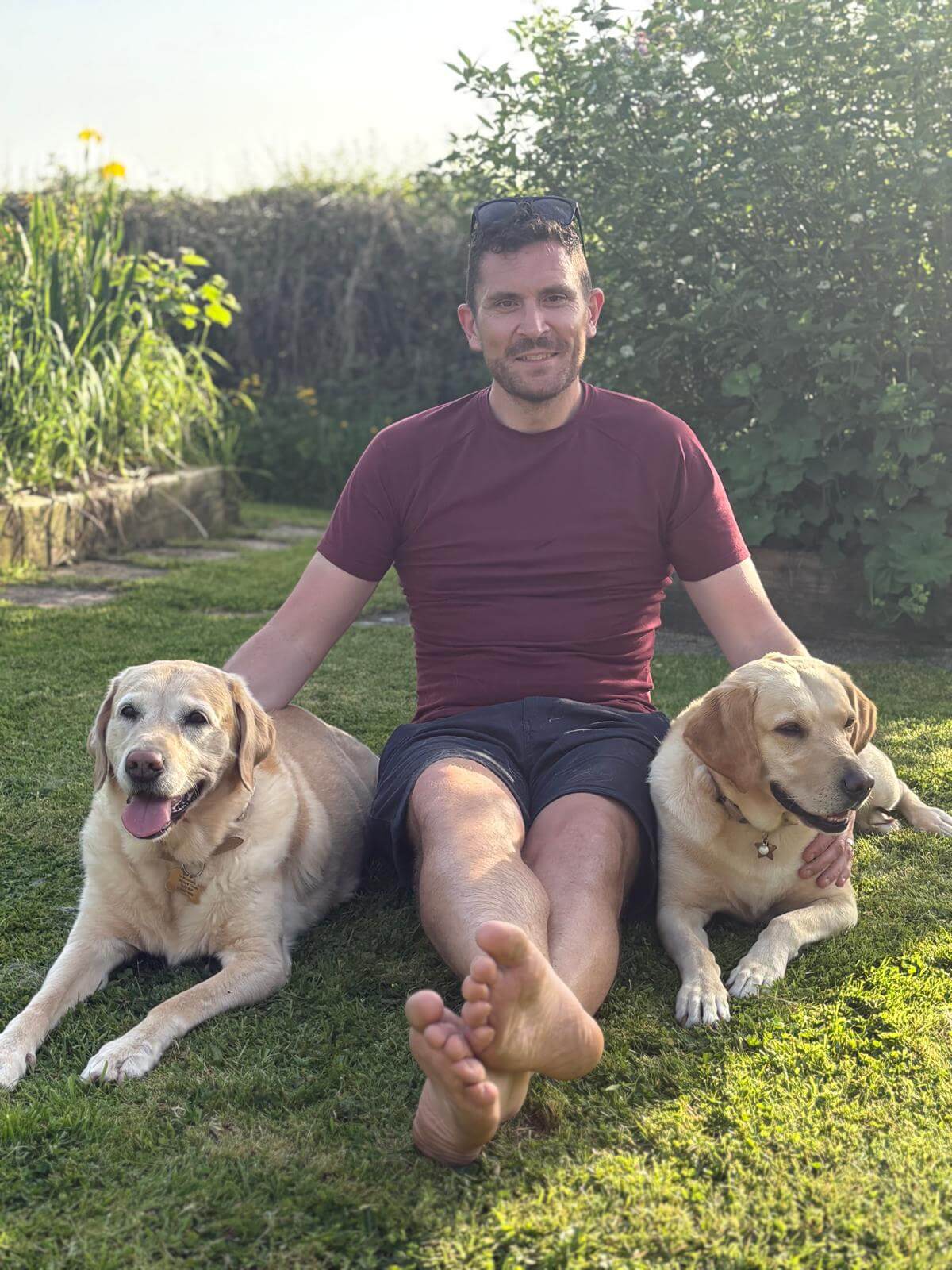Mike walking his dogs Daisy and Pippin