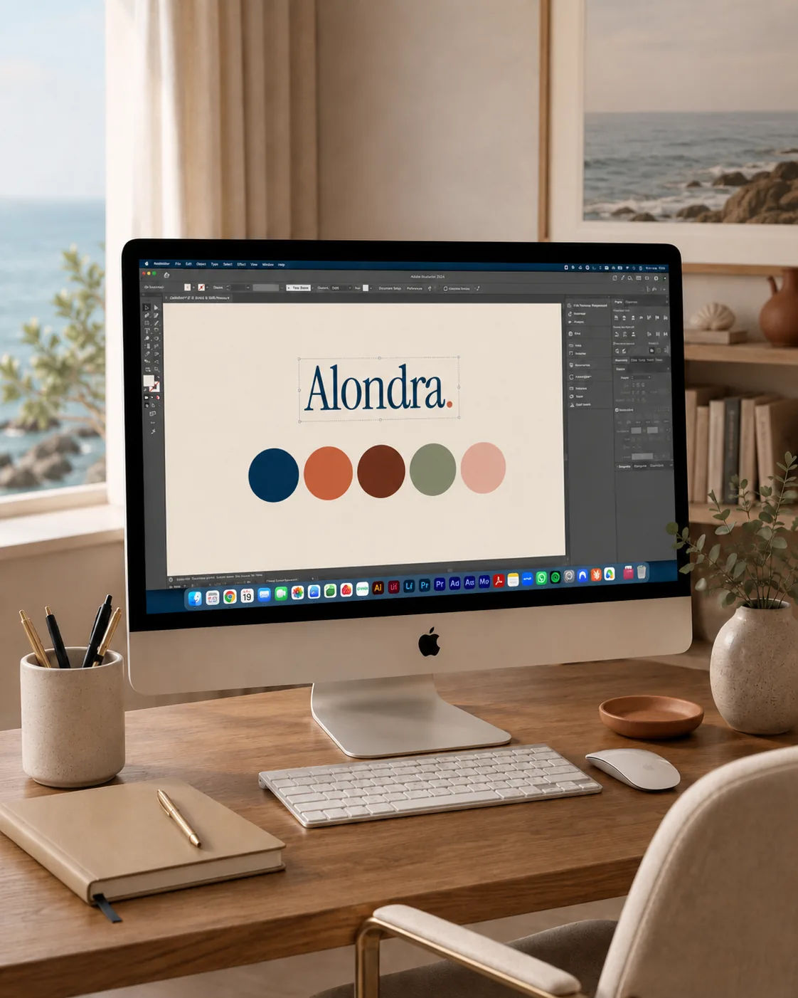 Alondra branding and design mockups showing logo and stationery